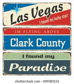 Vintage Zinn Schilderkollektion mit US-Städten. Las Vegas. Kreis Clark. Paradies. Retro-Souvenirs oder Postkartenvorlagen auf rostfreiem Hintergrund.