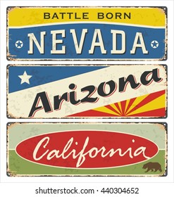 Vintage tin sign collection with USA state. Nevada. Arizona. California. Retro souvenirs or postcard templates on rust background.