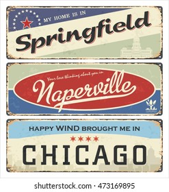 Vintage tin sign collection with USA cities. Springfield. Naperville. Chicago. Retro souvenirs or postcard templates on rust background.