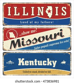 Vintage tin sign collection with USA state. Illinois. Missouri. Kentucky. Retro souvenirs or postcard templates on rust background.