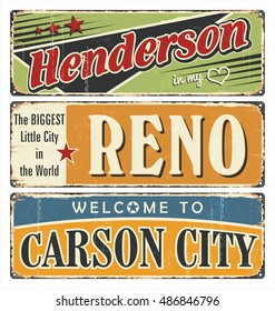 Vintage tin sign collection with USA cities. Henderson. Reno. Carson City. California. Retro souvenirs or postcard templates on rust background.