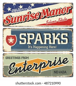 Vintage tin sign collection with USA cities. Sunrise Manor. Sparks. Enterprise. California. Retro souvenirs or postcard templates on rust background.