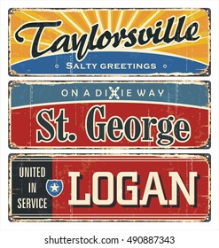 Vintage tin sign collection with USA cities. Tourist destination. Top ten. City. America. Retro souvenirs or postcard templates on rust background.