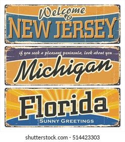 Vintage tin sign collection with USA state. New Jersey. Michigan. Florida. Retro souvenirs or old paper postcard templates on rust background. New Jersey, Michigan, Florida retro posters on tin.