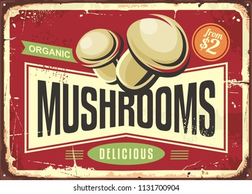 Vintage tin sign with fresh organic mushrooms on red background. Green food vegan concept for vegetarian restaurant decoration. Vector illustration. 