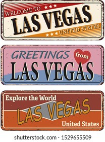 Vintage tin sign. Las Vegas. Retro souvenirs or old postcard templates on rust background.