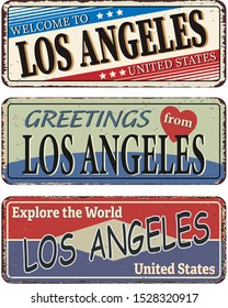 Vintage tin sign. Los Angeles. Retro souvenirs or old postcard templates on rust background.