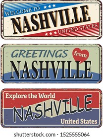 Vintage Tin Sign. Nashville. Retro Souvenirs Or Old Postcard Templates On Rust Background.