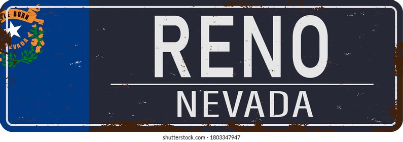 Vintage tin sign Reno. Retro souvenirs or old postcard template on rust background.