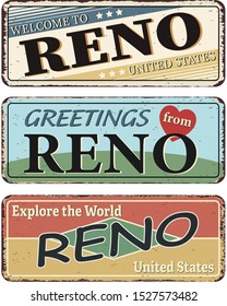 Vintage tin sign set Reno. Retro souvenirs or old postcard templates on rust background.