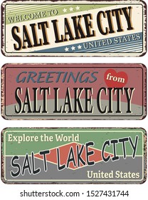 Vintage tin sign set Salt Lake City. Retro souvenirs or old postcard templates on rust background.