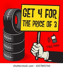 Vintage tire service or garage poster with text Get 4 For the Price of 3, vector illustration