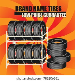 Vintage tire service or garage poster with text Brand Name Tires, vector illustration