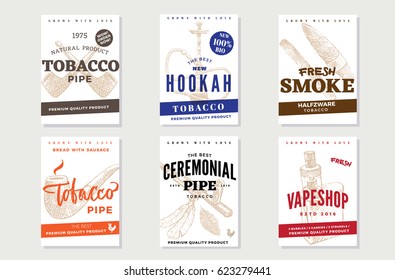 Vintage tobacco advertising posters with hand drawn smoking pipes cigars hookah and electronic cigarette vector illustration