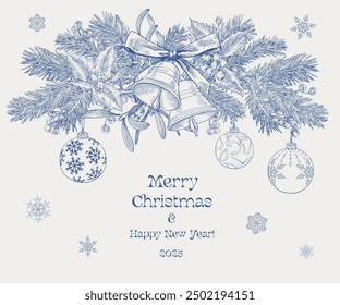 Vintage Toile art Christmas background with bells bow balls fir branches holly mistletoe snowflakes Blue beige Hand drawn Vector illustration for design holiday decor decoration new year greeting card