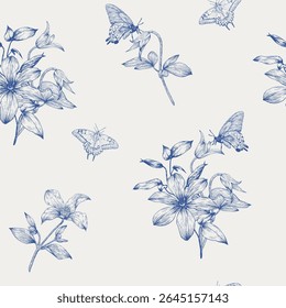 Vintage Toile arte Floral vetor sem emenda padrão flores Clematis e borboletas, bege azul. Fundo desenhado à mão para o casamento do projeto, embalagem, têxtil, papel de embrulho, papel de parede, Vestuário de moda