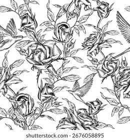 Padrão Vintage Toile de Jouy com rosas e andorinhas azuis. 