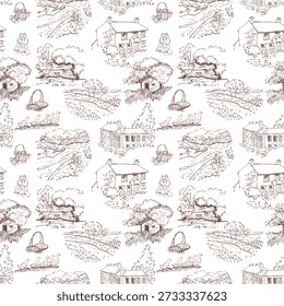 Vintage Toile de Jouy pattern with rustic farm houses and garden scenery