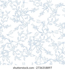 Vintage Toile de Jouy Pattern with Blue Roses and Swallows. 