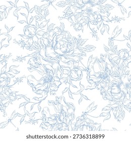 Vintage Toile de Jouy Pattern with Blue Roses and Swallows. 