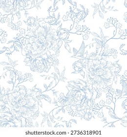 Vintage Toile de Jouy Pattern with Blue Roses and Swallows. 
