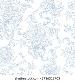 Vintage Toile de Jouy Pattern with Blue Roses and Swallows. 