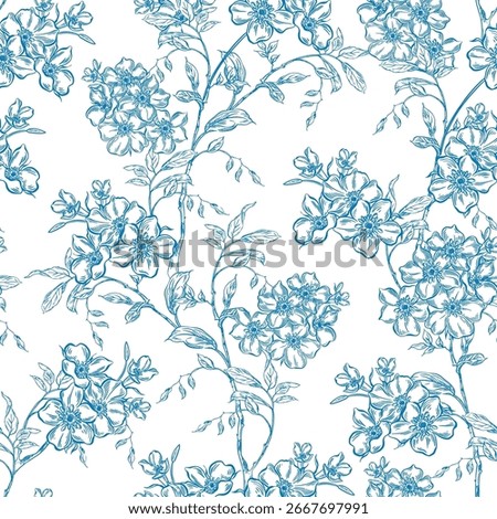 Vintage Toile de Jouy Pattern with Blue Roses and Swallows. 