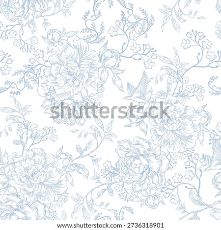 Vintage Toile de Jouy Pattern with Blue Roses and Swallows. 