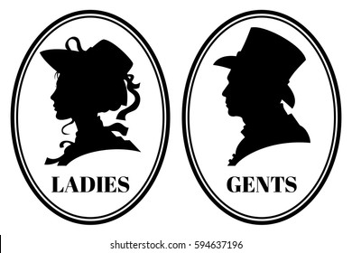 Vintage toilet wc vector sign with lady and gentleman head in victorian hats and clothes