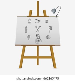 Vintage tools of barber shop hand drawn on easel. Vector illustration