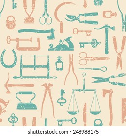 Vintage tools, instruments and equipment seamless pattern vector