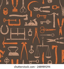 Vintage tools, instruments and equipment seamless pattern vector