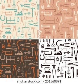 Vintage tools, instruments and equipment seamless pattern in 4 variations vector