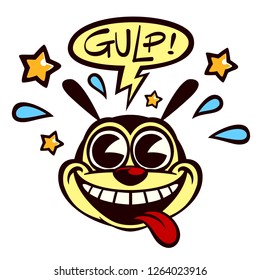 Vintage Toons: 40s style retro pie-eyed excited cartoon character smiling with tongue out and speech bubble saying gulp! vector illustration