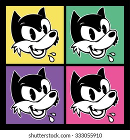 vintage toons. four images of retro cartoon character angry sarcastic shout woolf on the background colorful squares