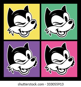 vintage toons. four images of retro cartoon character smiley and winks woolf on the background colorful squares