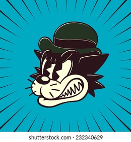 Vintage Toons: retro cartoon angry stray cat character, snarling rabid cat grinding his teeth