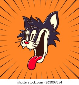 vintage toons: retro cartoon character hungry crazy cat smiling with tongue out looking at something delicious