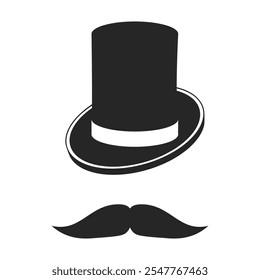 Vintage top hat and moustache in black silhouette vector