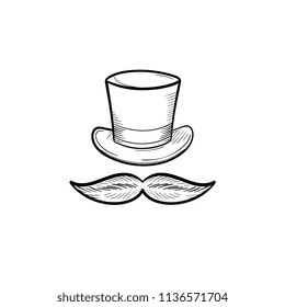 Vintage top hat with mustache hand drawn outline doodle icon. Gentleman, retro, fashion, style, clothes concept. Vector sketch illustration for print, web, mobile and infographics on white background.