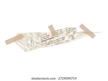 Vintage torn newspaper clipping vector piece. Ripped article note with sticky adhesive tape texture for news collage. Crumpled paper frame element with red scribble underline stroke