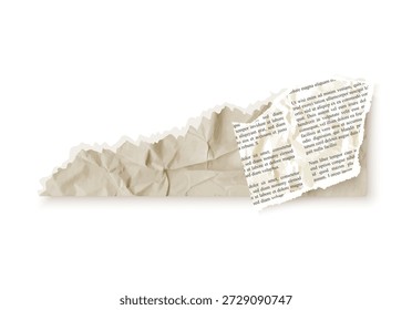 Vintage torn newspaper clipping vector piece. Ripped article note with sticky adhesive tape texture for news collage. Crumpled paper frame element.