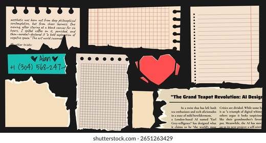 Vintage torn note papers set - ripped notebook pages with handwritten text, graph paper, lined sheets, turquoise memo slip, red heart sticker for scrapbooking, journaling or collage art projects.