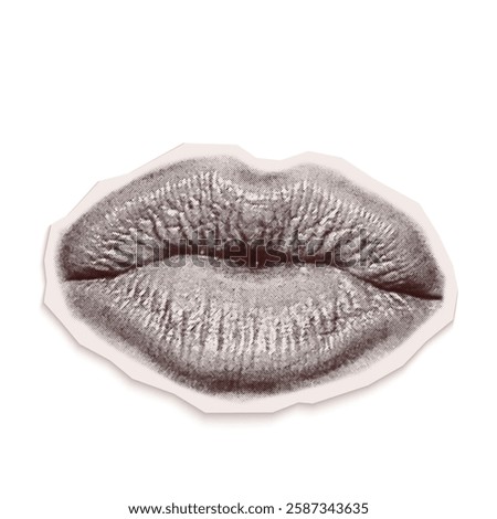 Vintage torn out paper collage of sexy woman mouth. Isolated vector collage illustration cut from an old newspaper with a halftone effect.Trendy retro element with Bitmap texture of female lips kiss