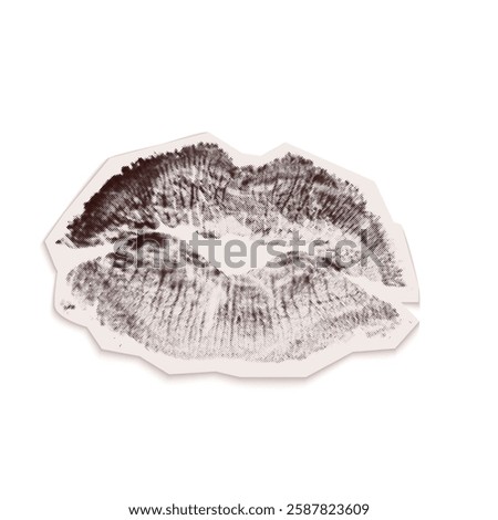 Vintage torn out paper collage of imprint of kiss. Isolated vector collage illustration cut from an old newspaper with a halftone effect. Retro element with Bitmap texture of imprint sexy female lips