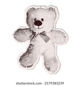 Vintage torn out paper Teddy bear. Isolated vector collage illustration cut from an old newspaper with a halftone effect. Trendy retro element with Bitmap texture