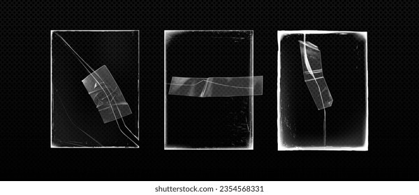 La superposición del marco de papel desgarrado de época con el vector de cinta. Borde fotográfico antiguo duro con plantilla de efecto de arañazos aislado en fondo negro. Reparación de superficie de vidrio de rotura o rotura con ilustración de escote pegado