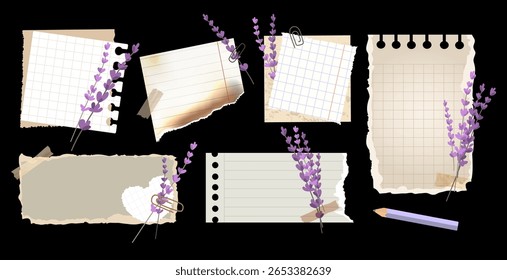 Notas de papel rasgado vintage com flores de lavanda conjunto, rasgado páginas de caderno. Folhas de memorando com alfazema, fita, clipes de papel, para scrapbooking, moodboards, postagens de mídia social. Ilustração vetorial