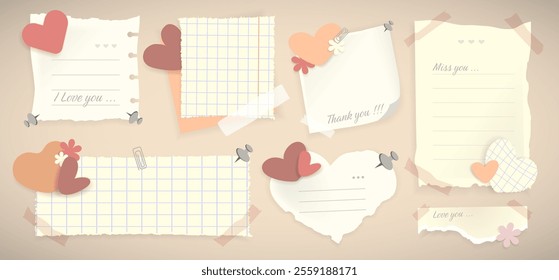 Vintage Torn paper notes and memos with adhesive tape and hearts design elements.Valentine memo notes with hearts set. Torn ripped paper sheets.Scrapbook notes and cards.Vector illustration