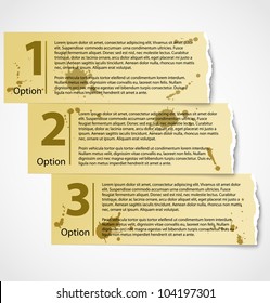 Vintage torn paper progress option labels with description or grunge numbered banners
